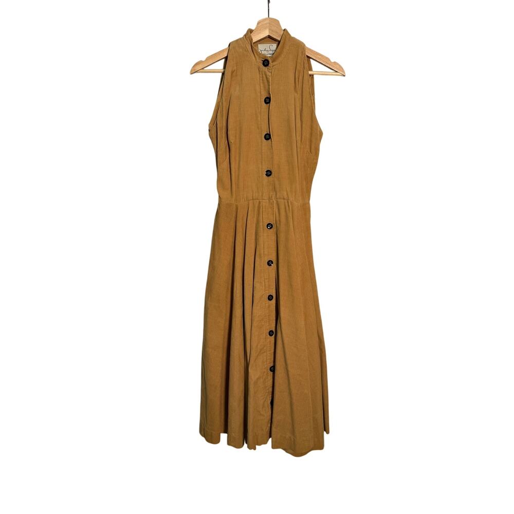 Vintage 70's Jonathan Logan Tan Corduroy Dress Sleeveless Button Front Midi